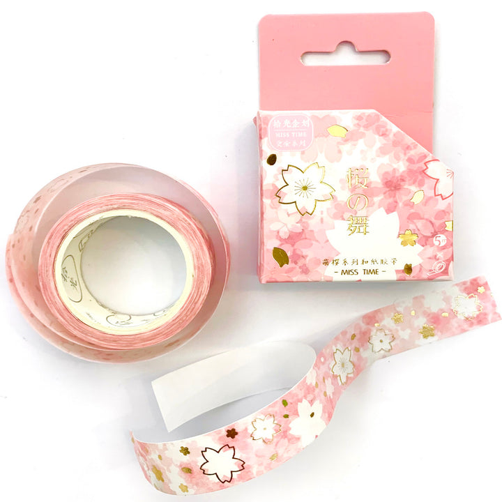 Decorative Adhesive Tape - Watercolor Cherry Blossoms - Pink, Gold