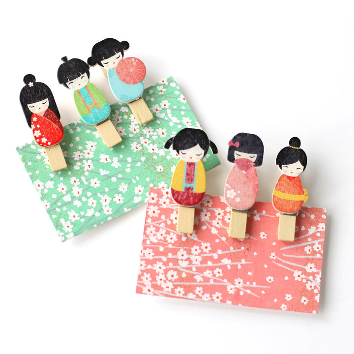 Lot de 3 pinces décoratives en bois - Kokeshi - Tons Froids