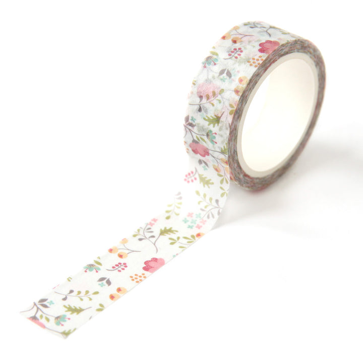 Ruban Adhésif Décoratif - Fleurs et Feuillages Multicolores, Fond Blanc