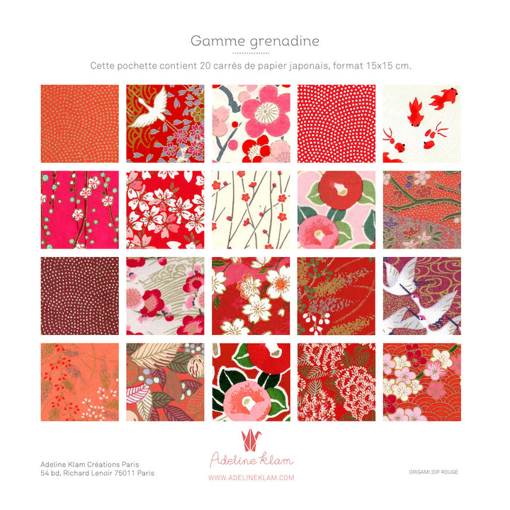 20 Papiers Origami - 15 x 15 cm - Rouge, Rouge Orangé, Corail et Rose - Grenadine