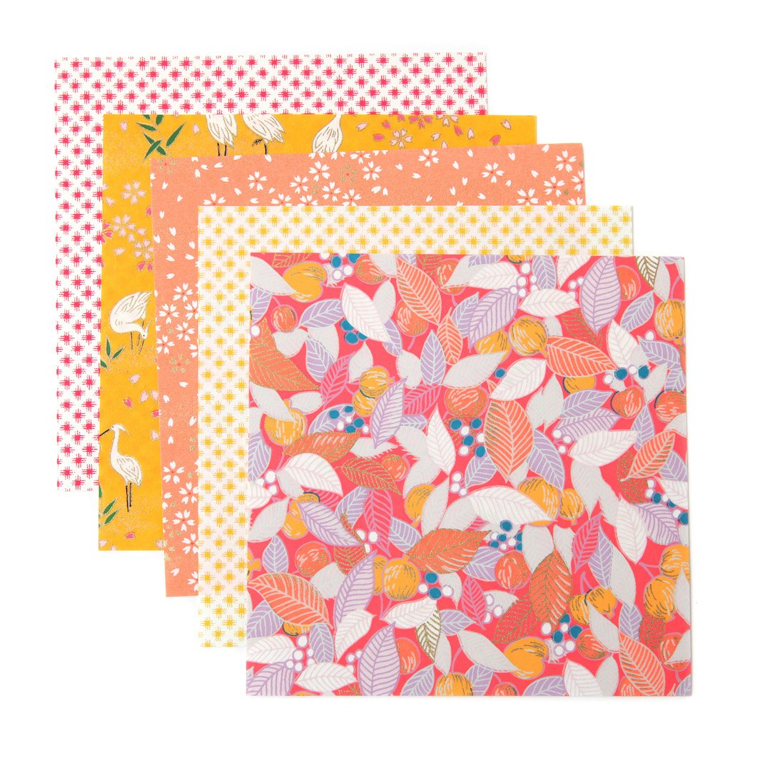 20 Papiers Origami - 15 x 15 cm - Jaune, Orange, Rouge, Rose et Bleu - Multifruits