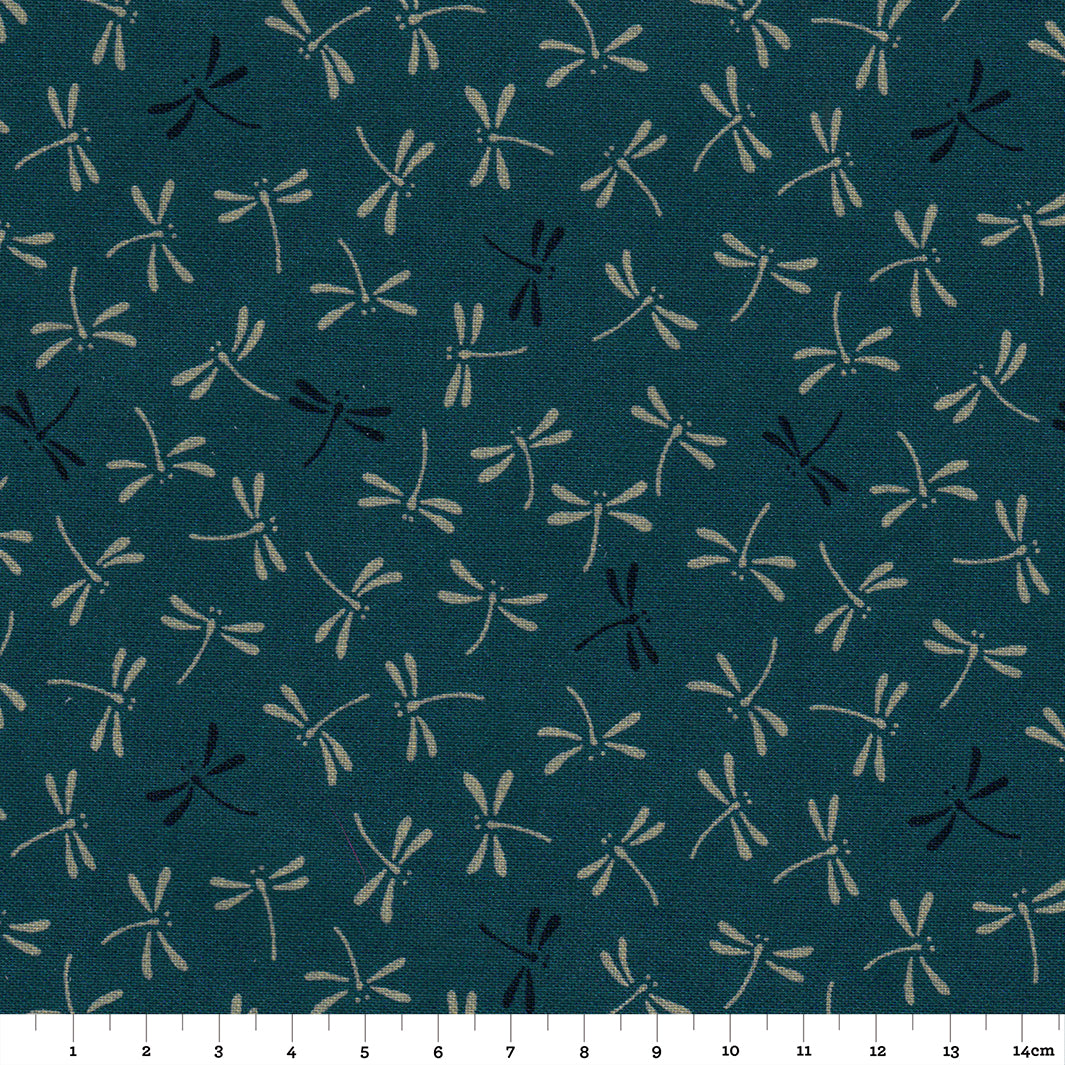 Japanese Fabric - White and Black Dragonflies Blue Green Background - T074