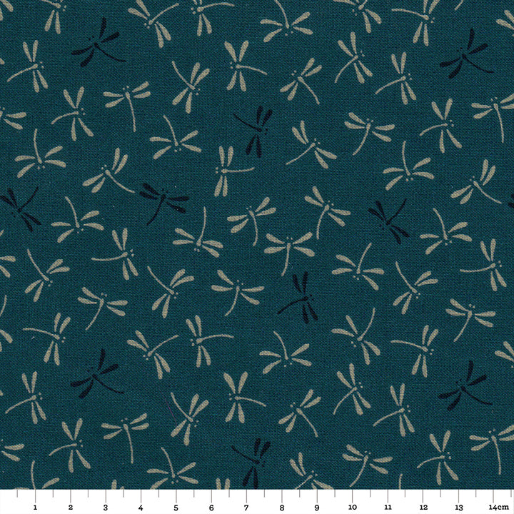 Japanese Fabric - White and Black Dragonflies Blue Green Background - T074