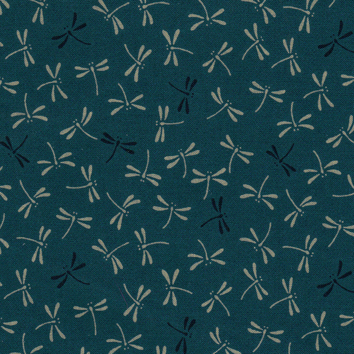 Japanese Fabric - White and Black Dragonflies Blue Green Background - T074