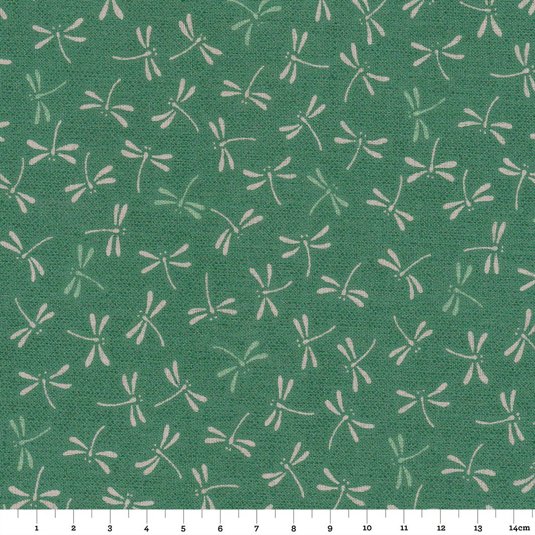 Japanese Fabric - White Dragonflies Green Background - T099