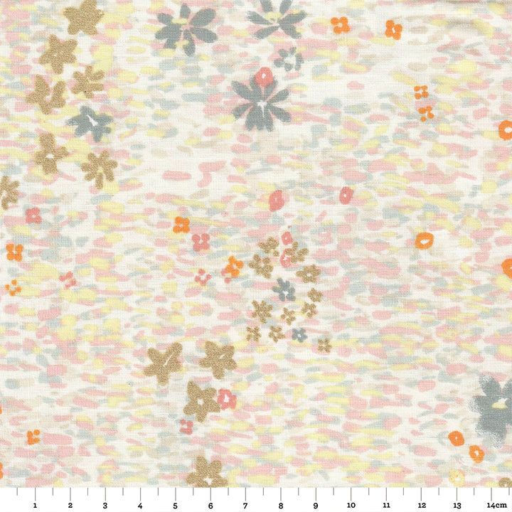 Cotton Fabric - Flowers and Touches of Paint - Yellow, Pink and Grey, Ecru Background - T387