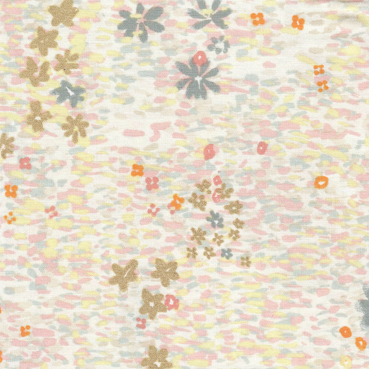 Cotton Fabric - Flowers and Touches of Paint - Yellow, Pink and Grey, Ecru Background - T387