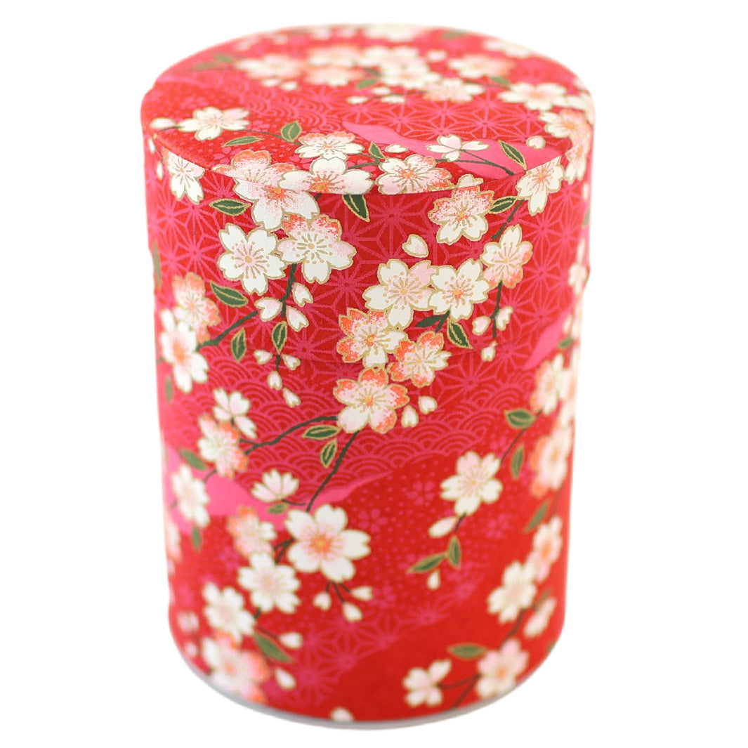 Cylinder Tea Box - Cherry Blossoms and Various Motifs - Carmine Red - M885 