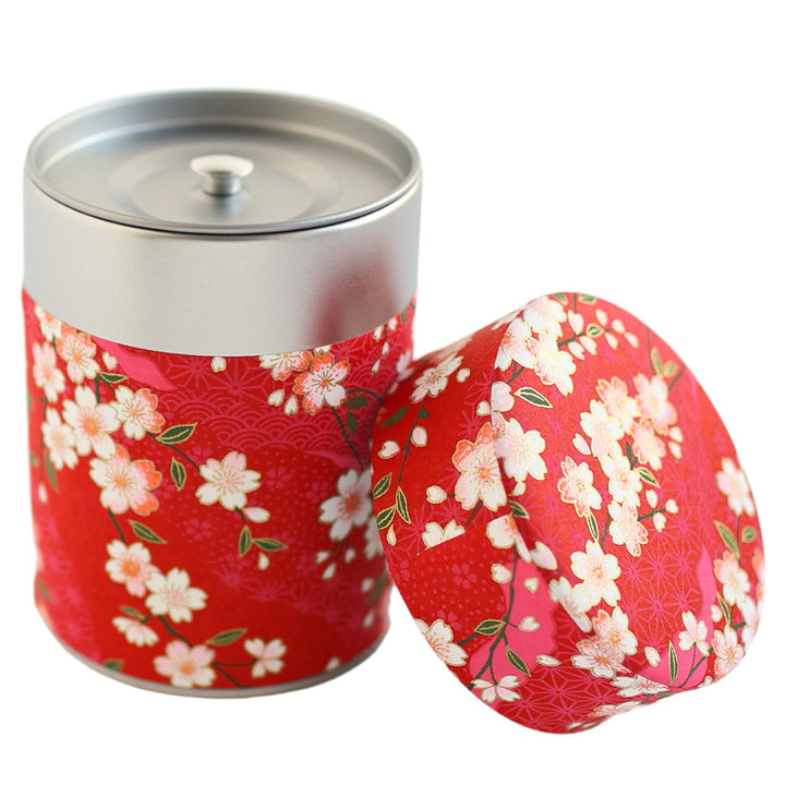 Cylinder Tea Box - Cherry Blossoms and Various Motifs - Carmine Red - M885 