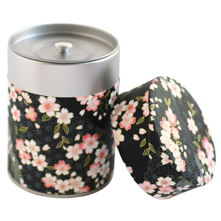 Cylinder Tea Box - Cherry Blossoms and Various Patterns - Black - M886 