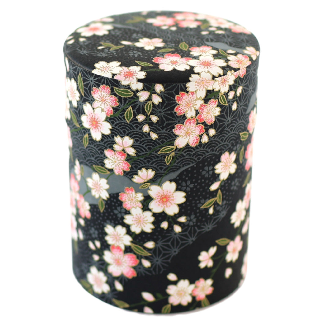 Cylinder Tea Box - Cherry Blossoms and Various Patterns - Black - M886 