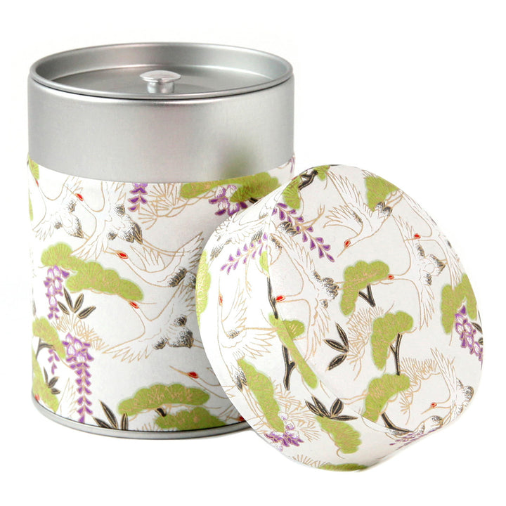 Cylinder Tea Box - Cranes and Forest - Pearly White Background - M893 