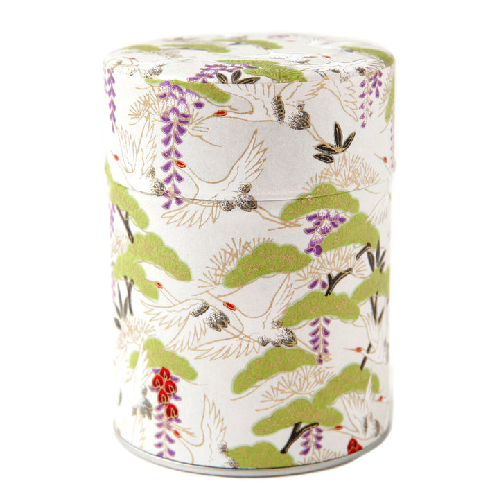 Cylinder Tea Box - Cranes and Forest - Pearly White Background - M893 