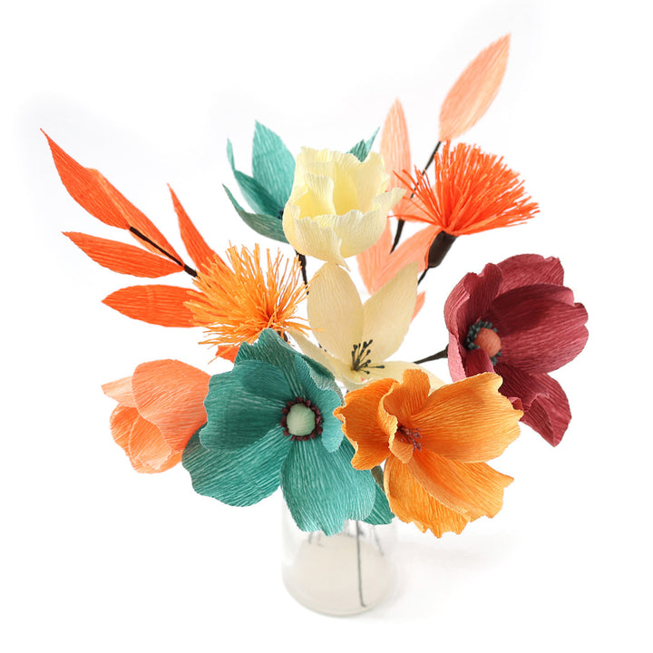 Bouquet of Crepe Paper Flowers - Yellow, Orange, Wine and Duck Blue - Cologne