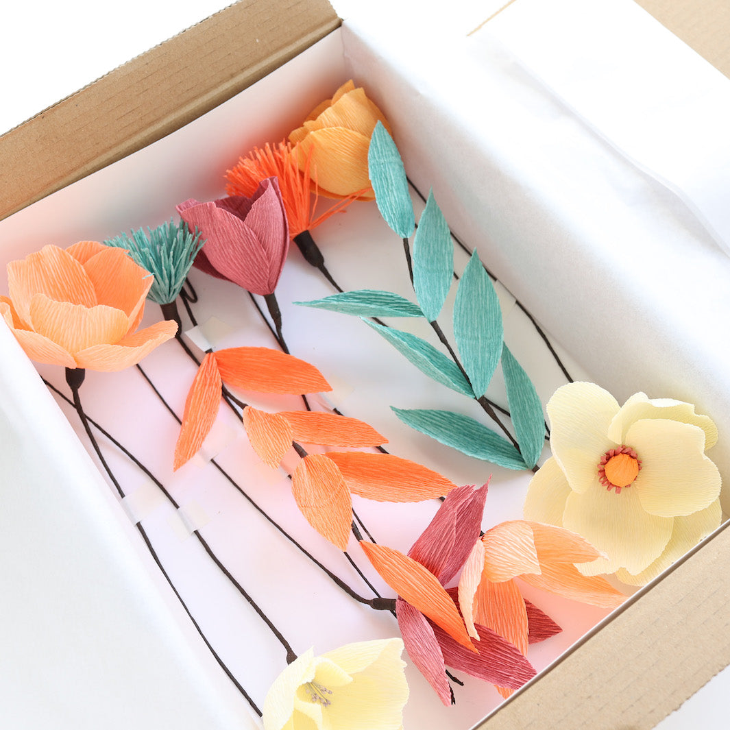 Bouquet of Crepe Paper Flowers - Yellow, Orange, Wine and Duck Blue - Cologne