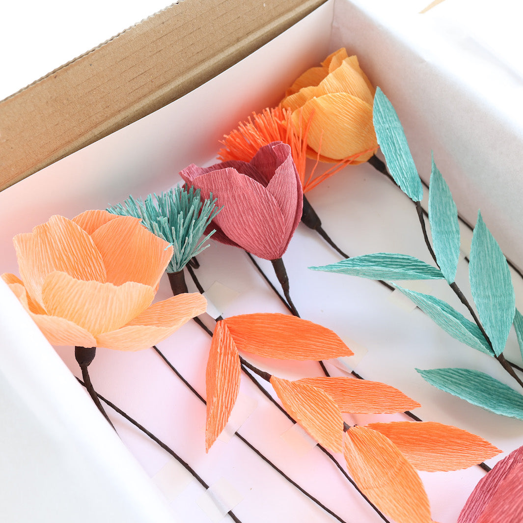 Bouquet of Crepe Paper Flowers - Yellow, Orange, Wine and Duck Blue - Cologne