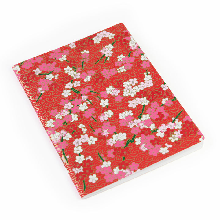 Japanese Paper Notebook - Plum Blossoms and Graphic Waves - Red, Pink and Gold - M919