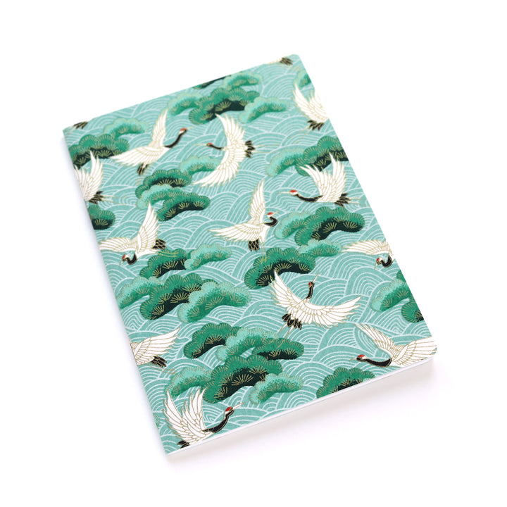 Japanese Paper Notebook - Cranes, Pines and Waves - Water Green and Fir Green - M921