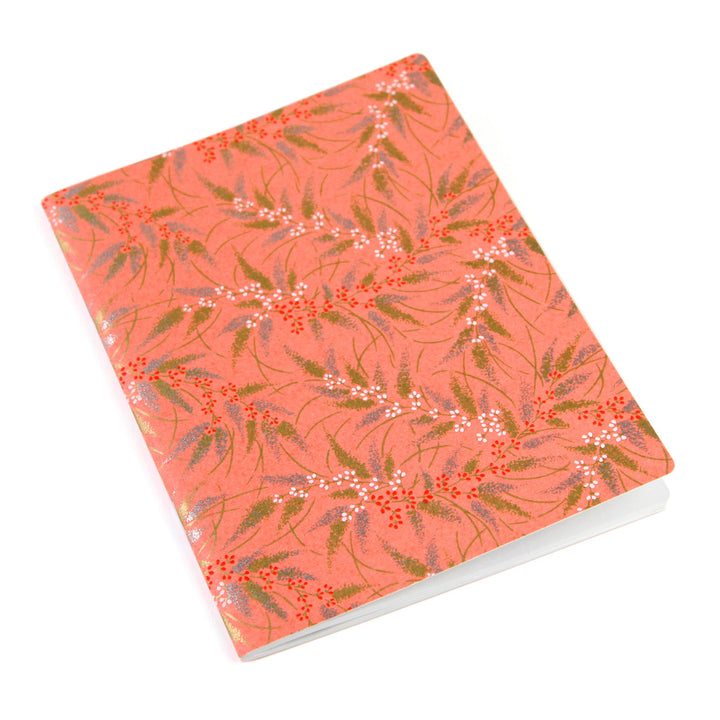 Japanese Paper Notebook - Conifers and Berries - Coral, Gold, Silver, White and Red - M925