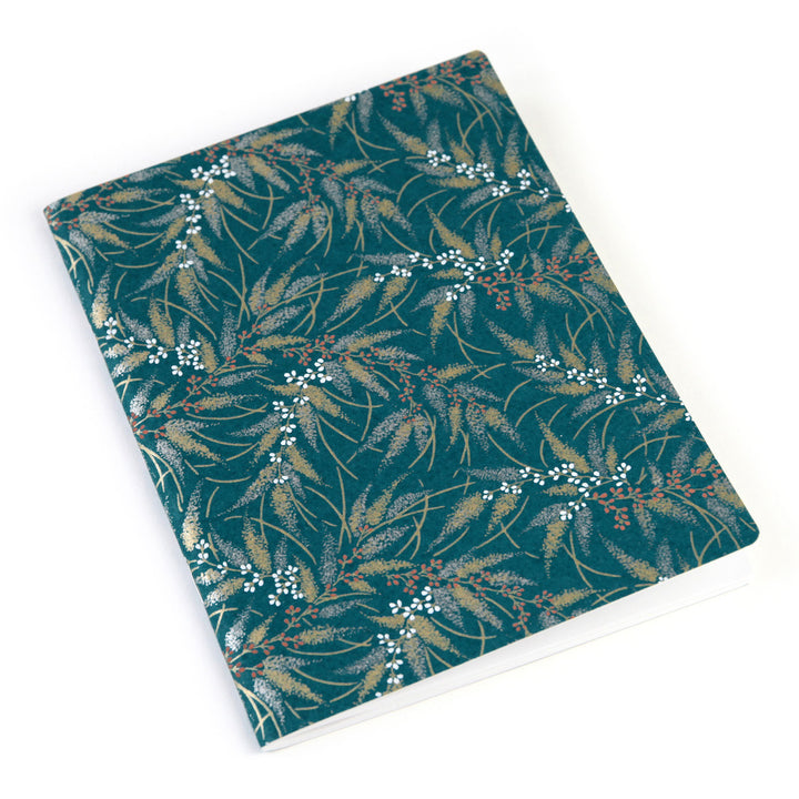 Japanese Paper Notebook - Conifers and Berries - Petrol Blue, Gold, Silver, Coral and White - M927