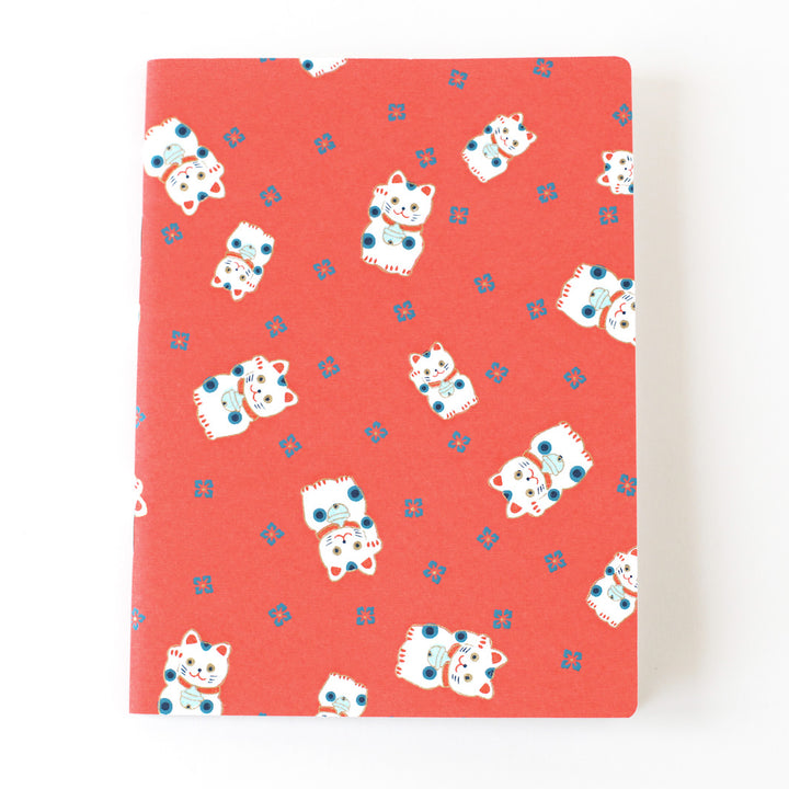 Japanese Paper Notebook - Maneki Neko - Red Orange and Blue Gray - M843