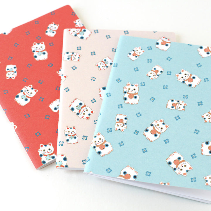 Japanese Paper Notebook - Maneki Neko - Red Orange and Blue Gray - M843