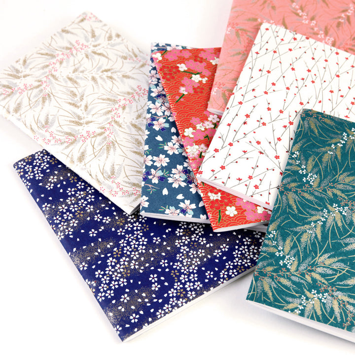 Japanese Paper Notebook - Conifers and Berries - Petrol Blue, Gold, Silver, Coral and White - M927