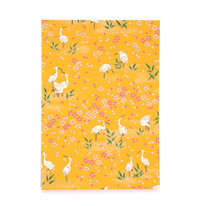 A5 Japanese Paper Card - Herons and Flowers - Mustard - M659