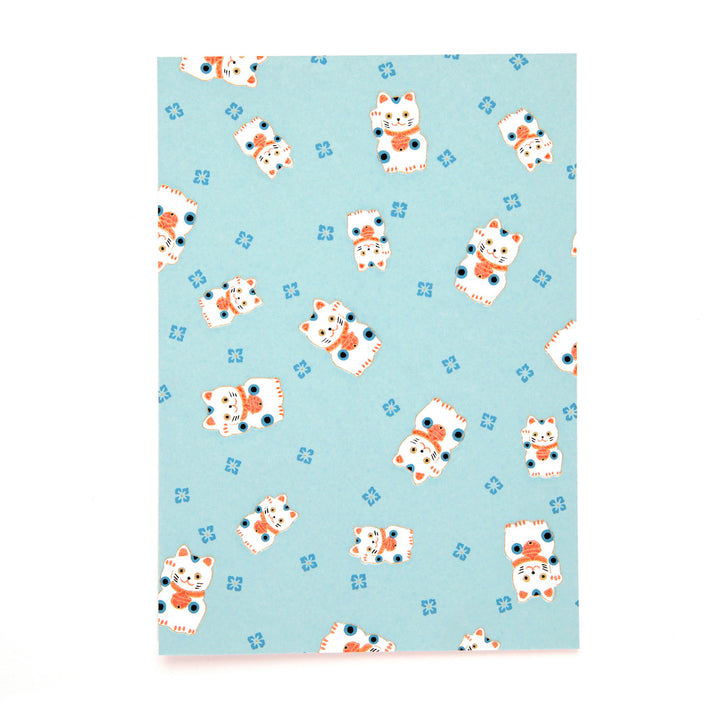 Carte A5 en Papier Japonais - Maneki Neko - Bleu Gris Clair et Foncé, Corail  - M840