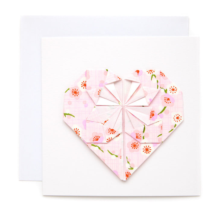 Carte - Coeur en Origami - Fleurs de Prunier Rétro, Rose Pâle - M797