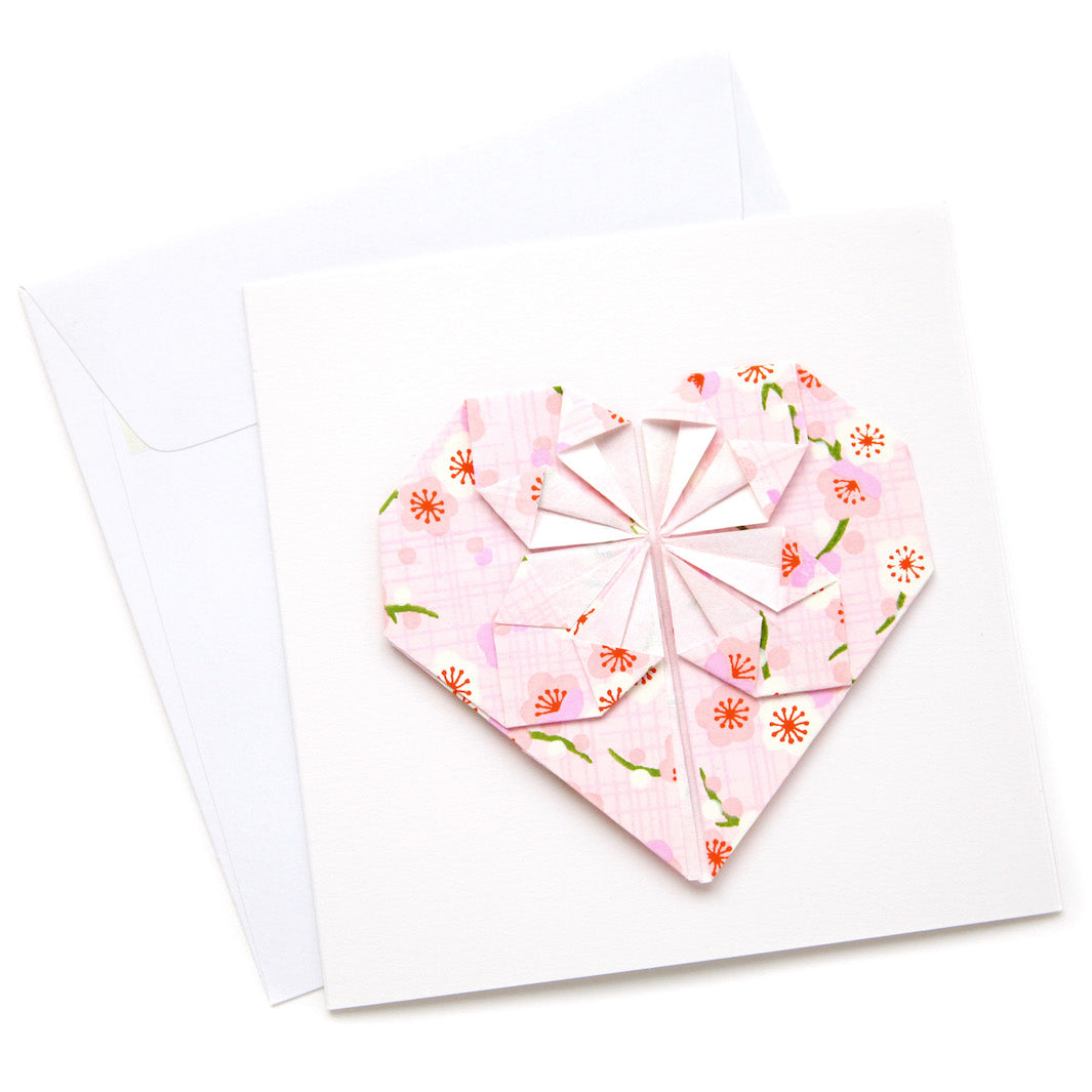 Carte - Coeur en Origami - Fleurs de Prunier Rétro, Rose Pâle - M797