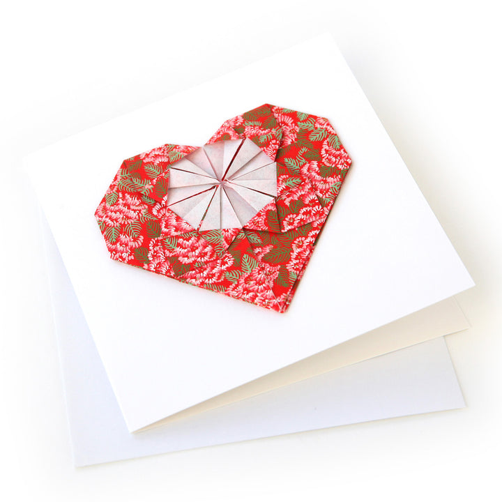 Card - Origami Heart - Ajania Chrysanthemum - Red, Pink and Green - M938