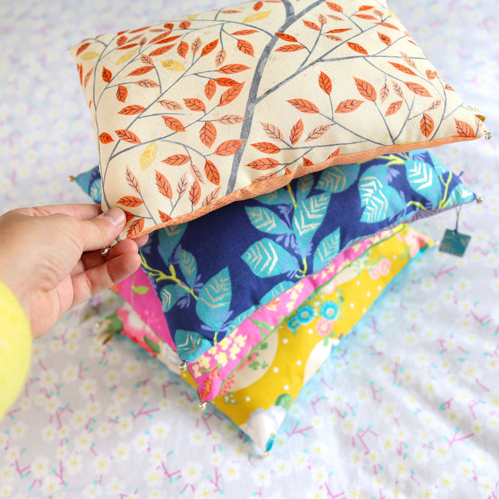 Japanese Fabric Cushion - Varied Flowers and Polka Dots - Mustard Yellow, Pink, Purple and Turquoise Blue