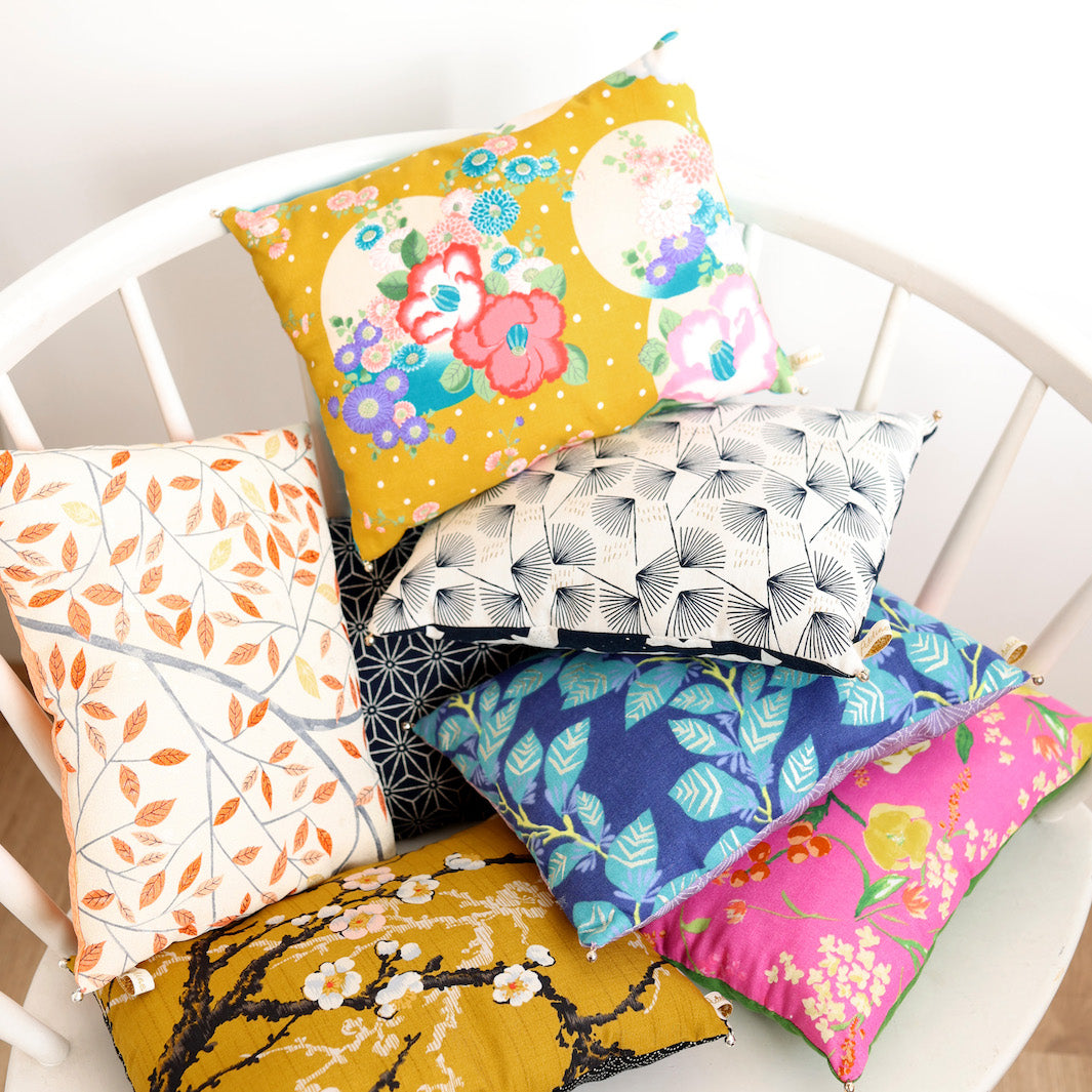 Japanese Fabric Cushion - Watercolor Flowers - Fuchsia Pink, Green, Yellow and Orange