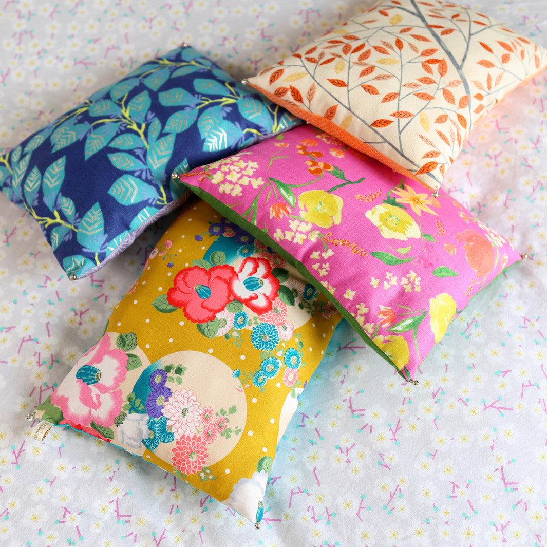 Japanese Fabric Cushion - Watercolor Flowers - Fuchsia Pink, Green, Yellow and Orange