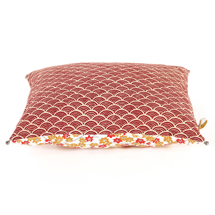 Japanese Fabric Cushion - Maple Leaves and Waves - Mustard and Brick