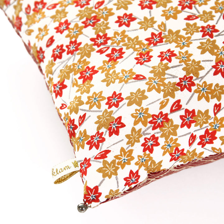 Japanese Fabric Cushion - Maple Leaves and Waves - Mustard and Brick