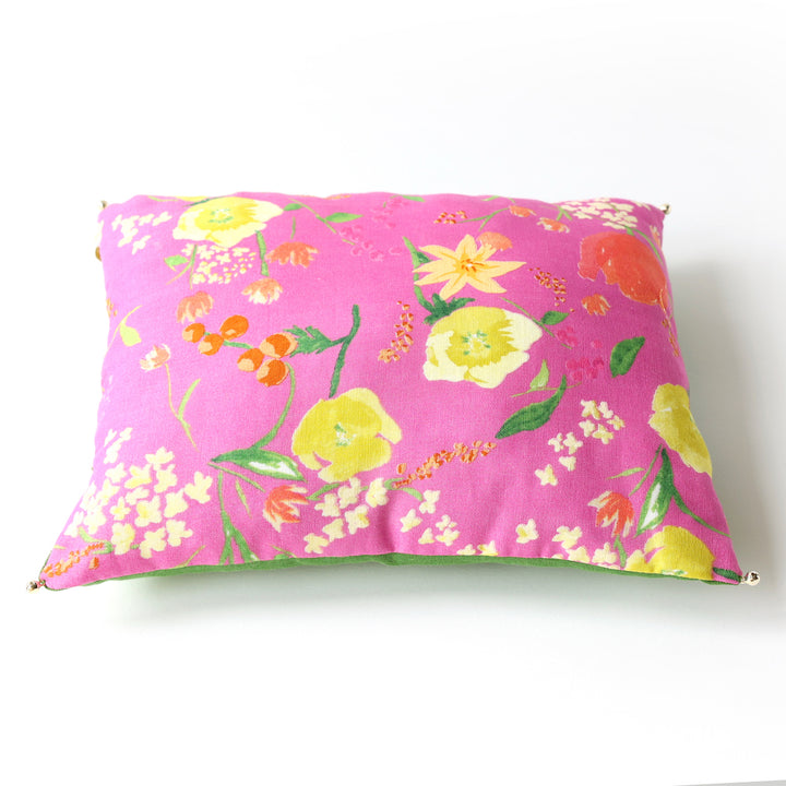 Coussin en Tissus Japonais - Fleurs Aquarelle - Rose Fuchsia, Vert, Jaune et Orange