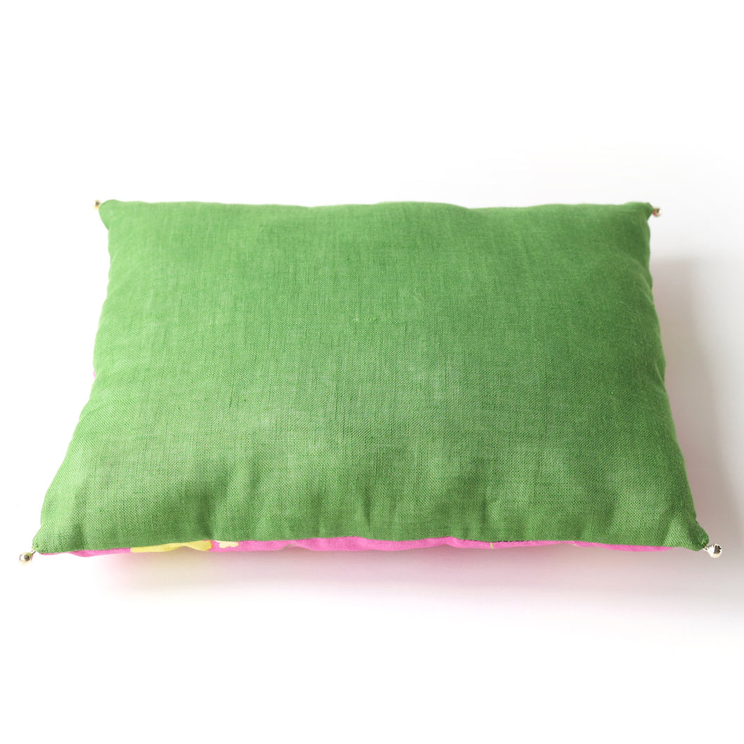 Japanese Fabric Cushion - Watercolor Flowers - Fuchsia Pink, Green, Yellow and Orange