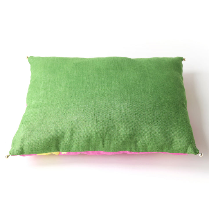 Coussin en Tissus Japonais - Fleurs Aquarelle - Rose Fuchsia, Vert, Jaune et Orange