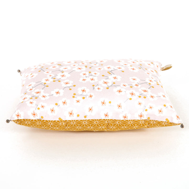 Japanese Fabric Cushion - Cherry Blossoms and Stars - Pale Pink and Mustard