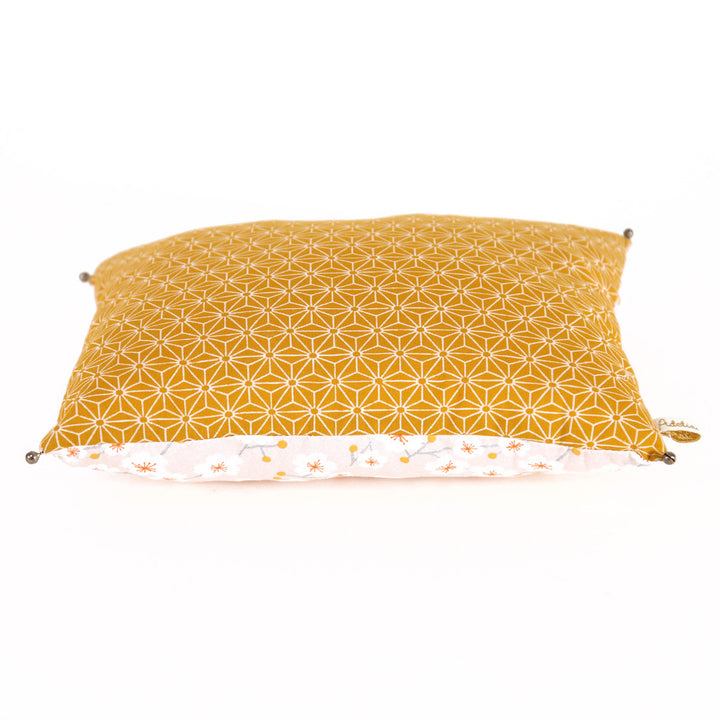 Japanese Fabric Cushion - Cherry Blossoms and Stars - Pale Pink and Mustard