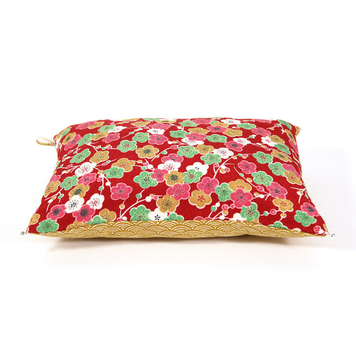 Coussin en Tissus Japonais - Fleurs de Prunier et Vagues - Rouge, Moutarde, Rose et Vert