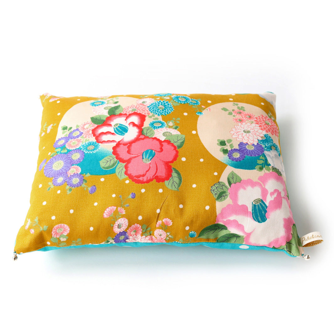 Japanese Fabric Cushion - Varied Flowers and Polka Dots - Mustard Yellow, Pink, Purple and Turquoise Blue