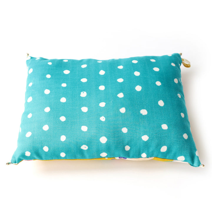 Japanese Fabric Cushion - Varied Flowers and Polka Dots - Mustard Yellow, Pink, Purple and Turquoise Blue