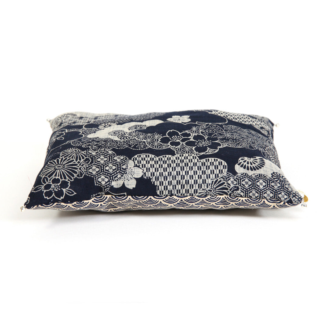 Cushion in Japanese Fabrics - Varied Patterns and Waves - Dark Navy Blue and Beige