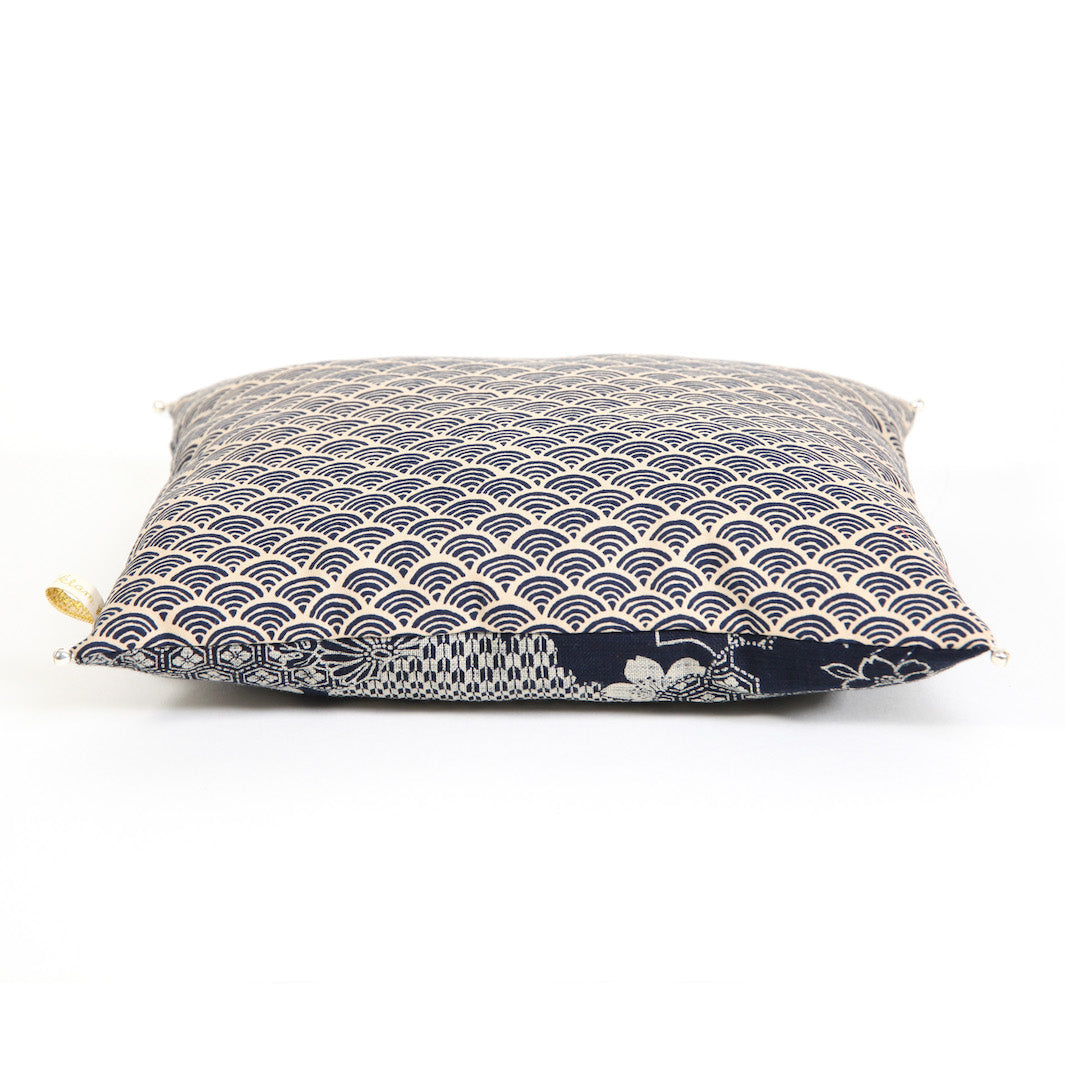 Cushion in Japanese Fabrics - Varied Patterns and Waves - Dark Navy Blue and Beige