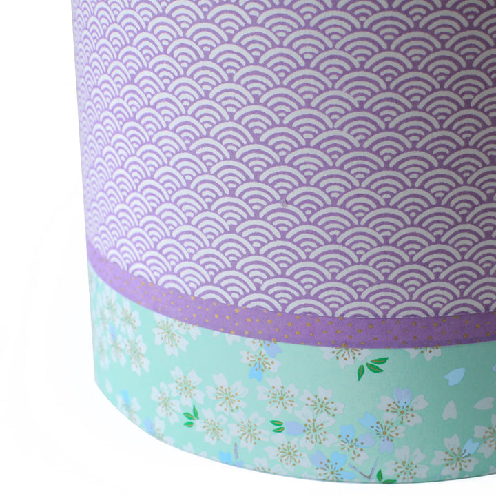 Japanese cylindrical lampshade 3 strips - Purple Waves &amp; White Cherry Blossoms, Water Green Background - M833 and M626 