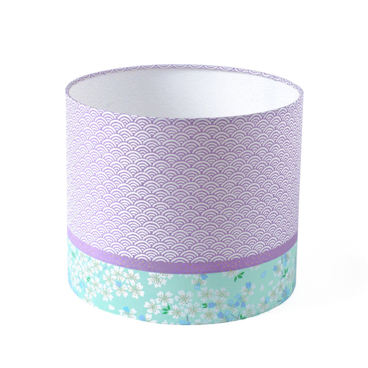 Japanese cylindrical lampshade 3 strips - Purple Waves &amp; White Cherry Blossoms, Water Green Background - M833 and M626 