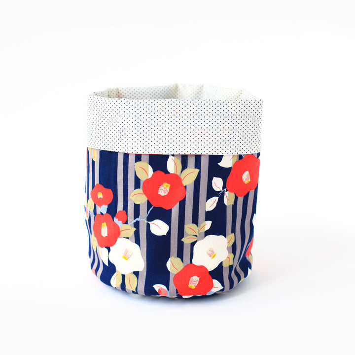 Japanese fabric basket - Camellias and Peas